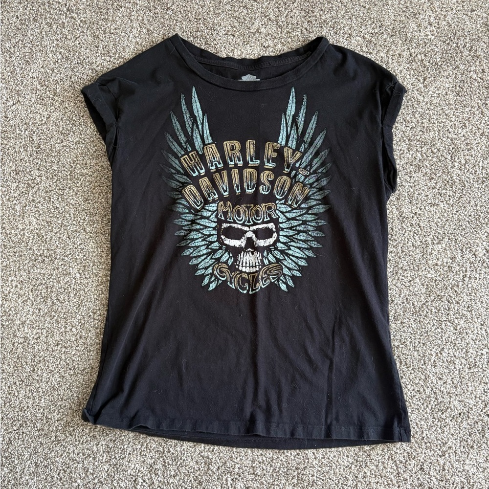 Harley-Davidson Black Short Sleeve Tee with Teal Winged Skull Graphic